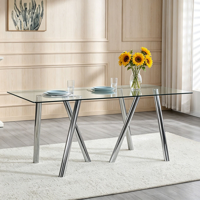 Table de salle à manger en verre trempé 71 pouces avec pieds en métal robustes, Transparent / argent