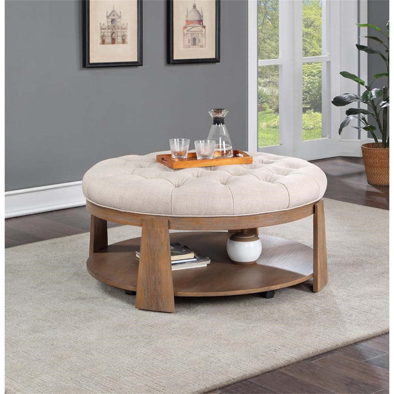 Repose-pieds en métal brossé avec siège capitonné à aspect lin profond et tablette inférieure ouverte pour le salon