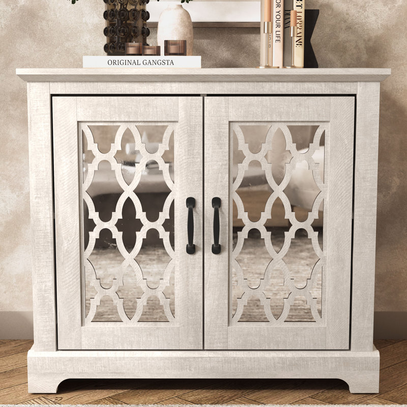 Blaire 29.3" H 2-Door Mirrored Wood Accent Cabinet, Dusty Gray Oak