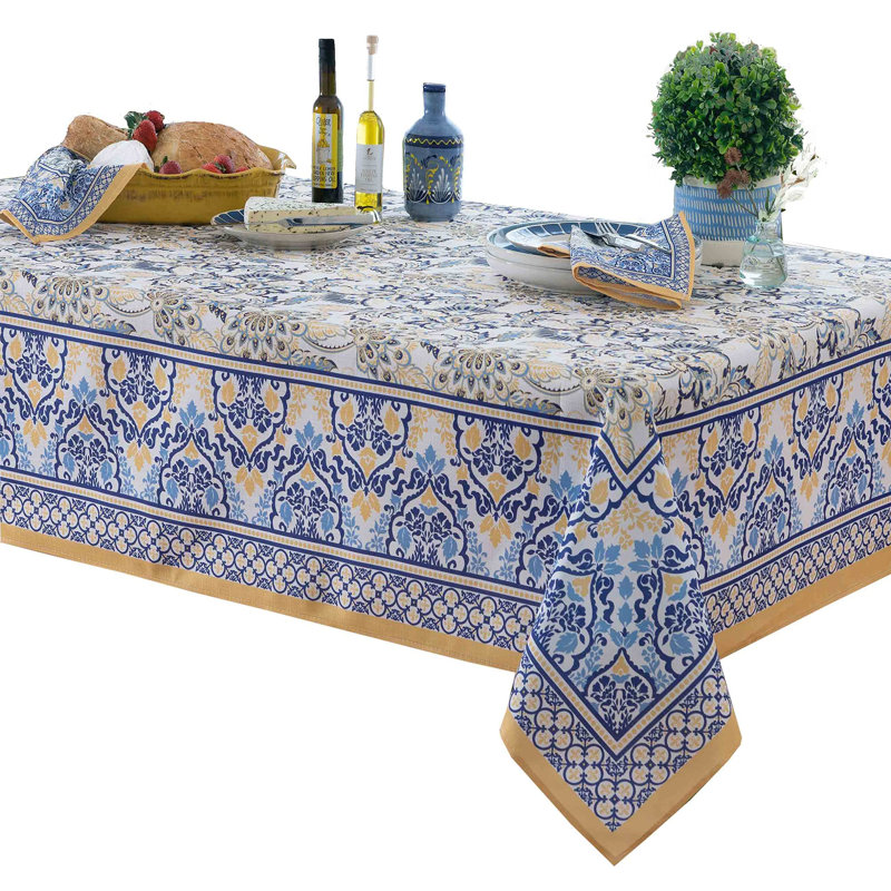 Nappe rectangulaire en tissu, 60 x 84 pouces, imprimé floral à bordure jaune et bleu Allure