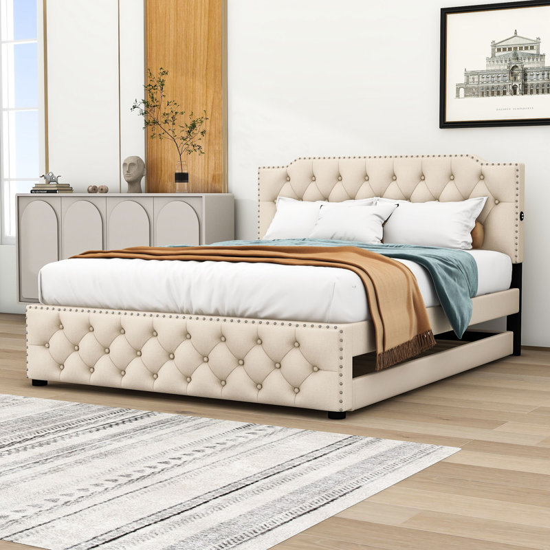 Grand lit tapissier capitonné avec lit gigogne simple et port USB, Beige