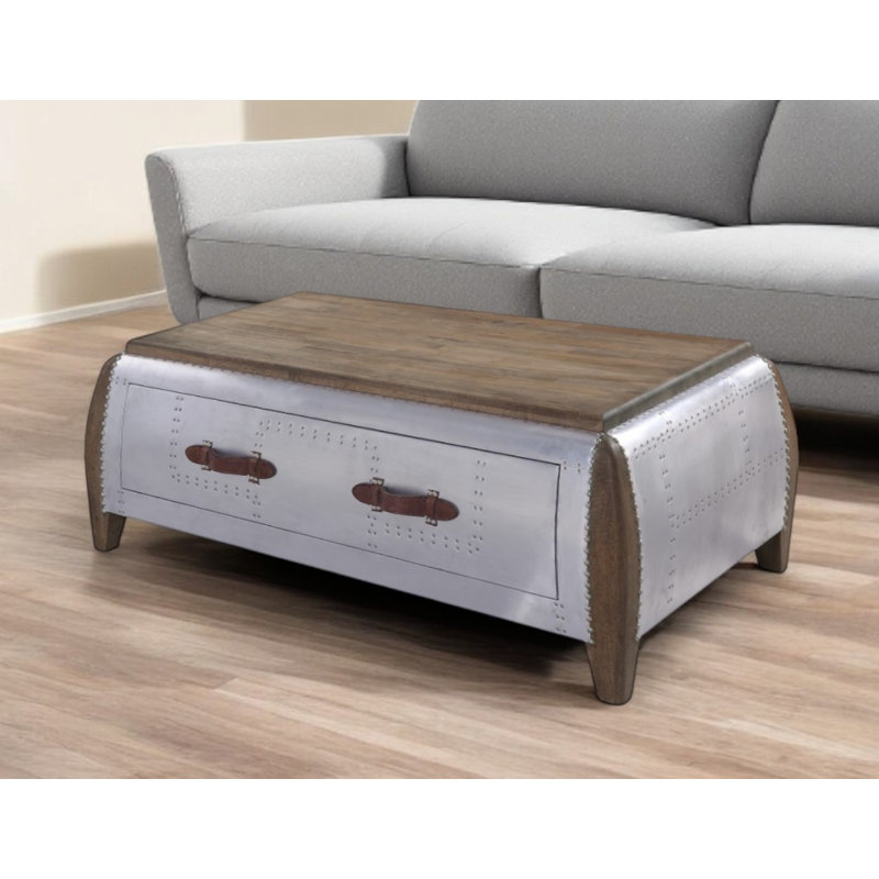 Table basse 51 po en bois massif brun et gris avec tiroir