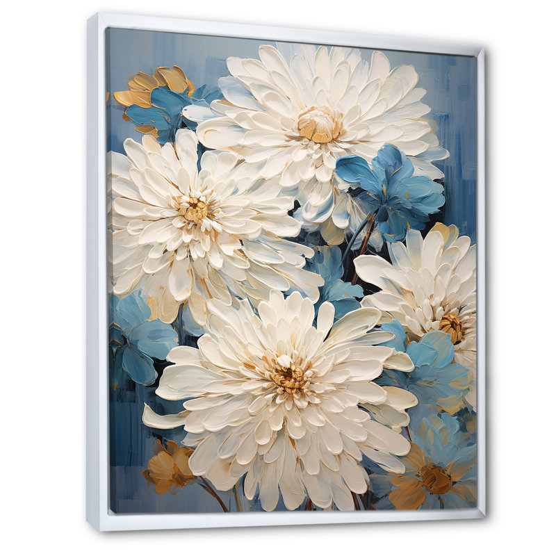 «White and Blue Chrysanthemums II», reproduction sur toile, Cadre flottant blanc, H 44 po x l 34 po x P 1,5 po