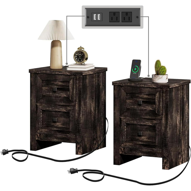 Nightstand With Charging Station, Farmhouse End Table, Dark Oak