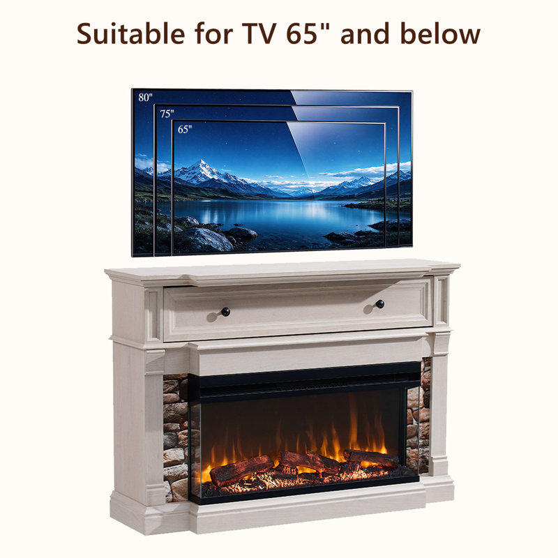 Meuble télé de 52 pouces avec foyer électrique et vitre sur trois côtés, White Alder