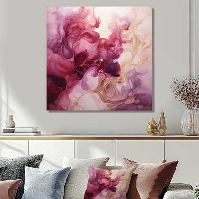 Magenta Clouds Touch Of Gold - Liquid Ink Abstract Wall Art Living Room