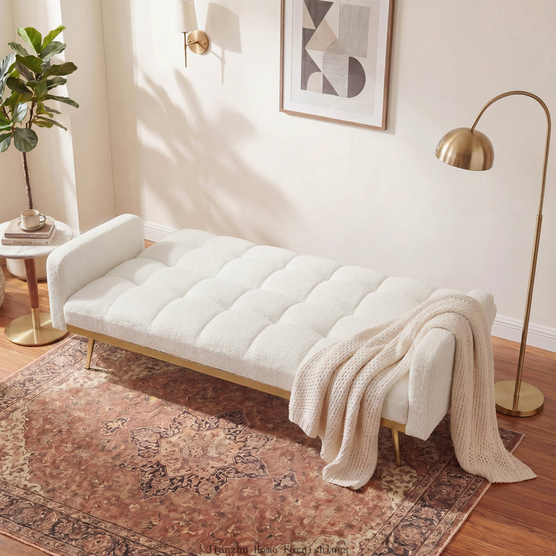 69 Inch Soft Teddy Fleece Adjustable Beige Sofa Bed for Small Spaces, Beige Teddy