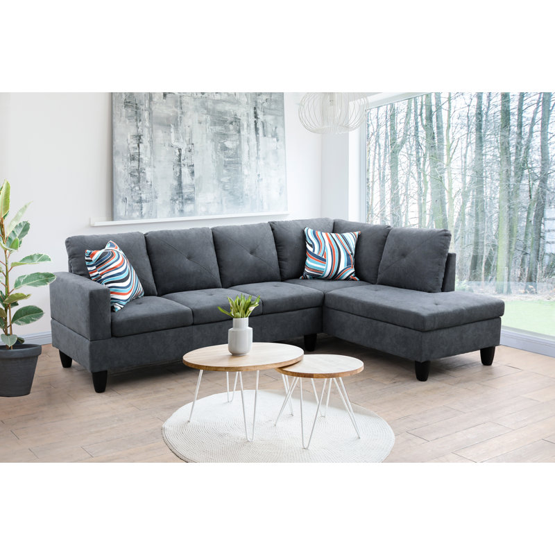 Upholstered L-Shaped Sectional, Stone Gray Velvet, Right Hand Facing