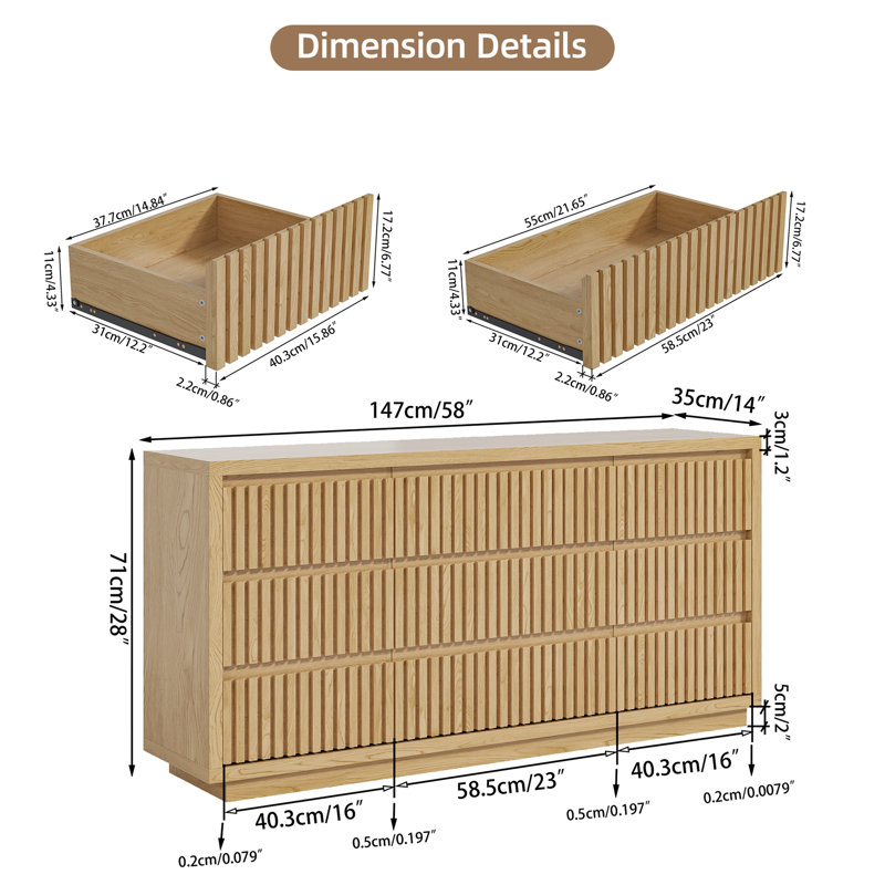 9-Drawer Fluted Dresser, 58'' W Wood Storage Closet Dressers Chest of Drawers, Natural
