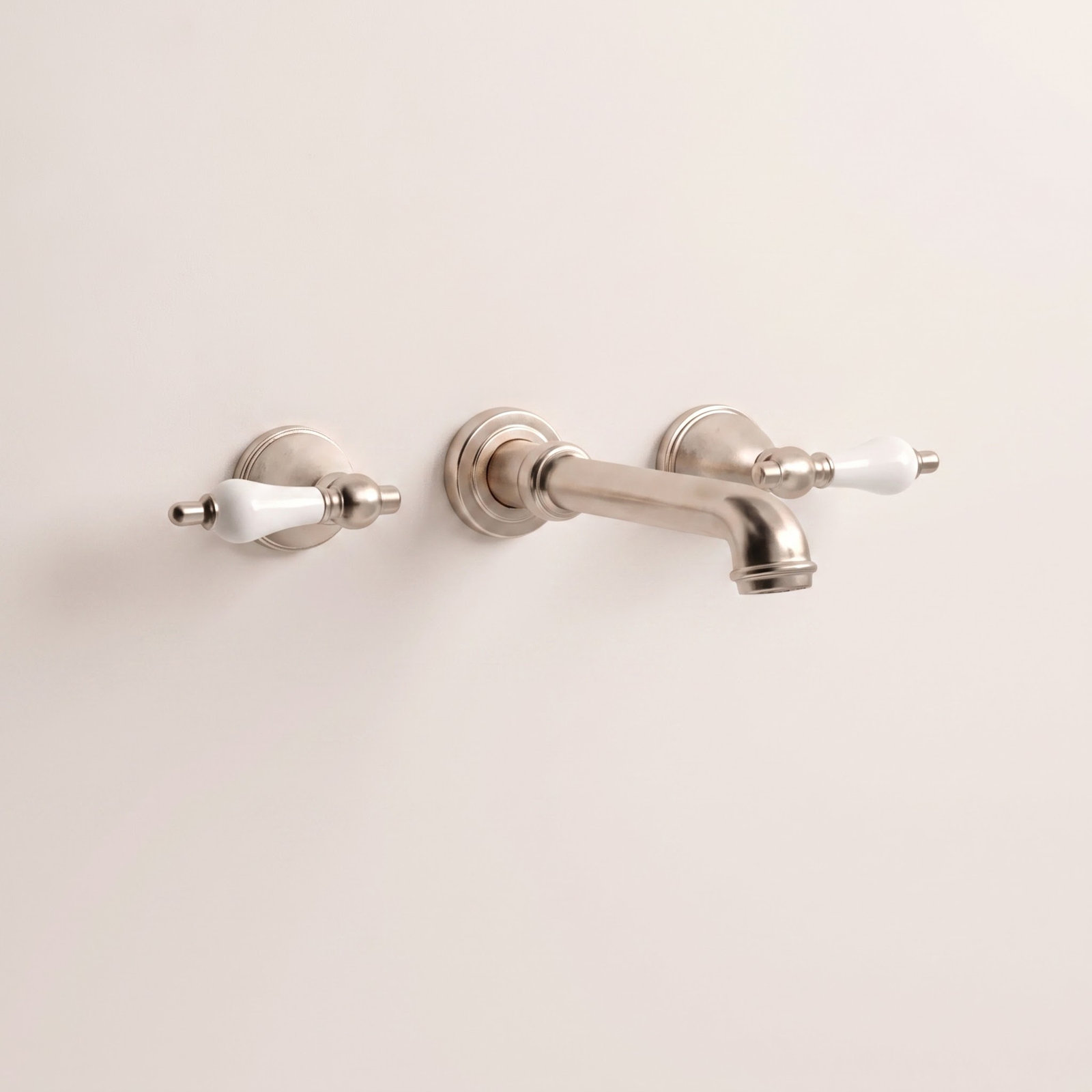 English Country Wall-Mounted Roman Tub Faucet, Brushed Nickel/White