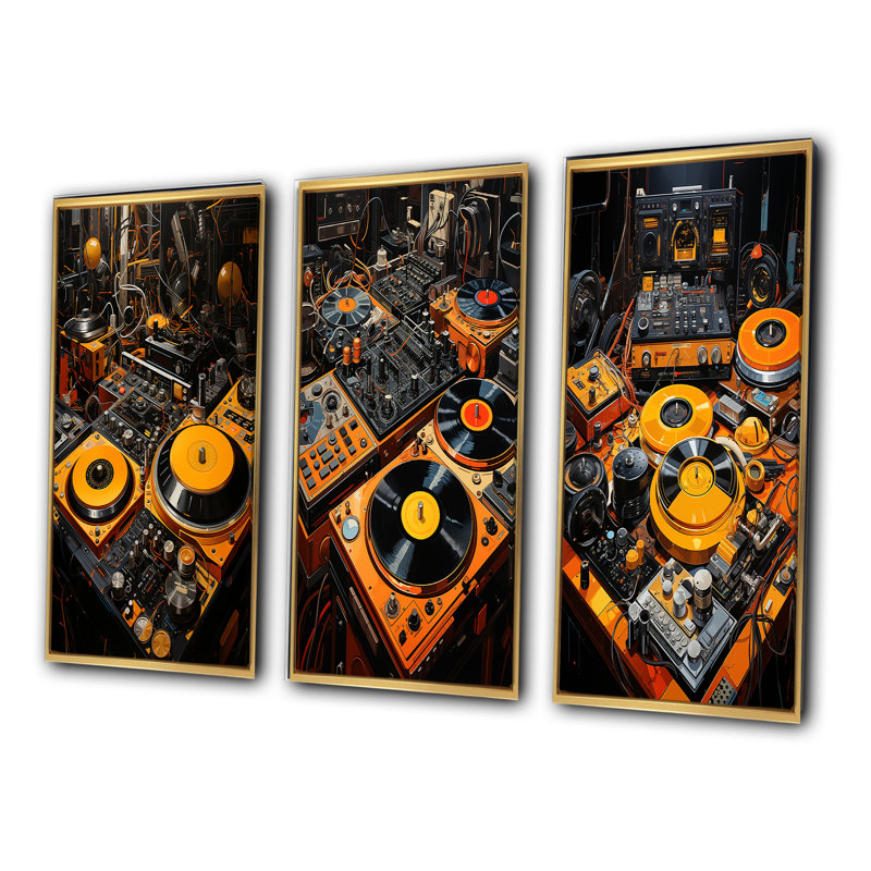 «Yellow Turntables Boom Boxes», 3 pièces sur toile, Encadrement doré, H 32 po x l 48 po