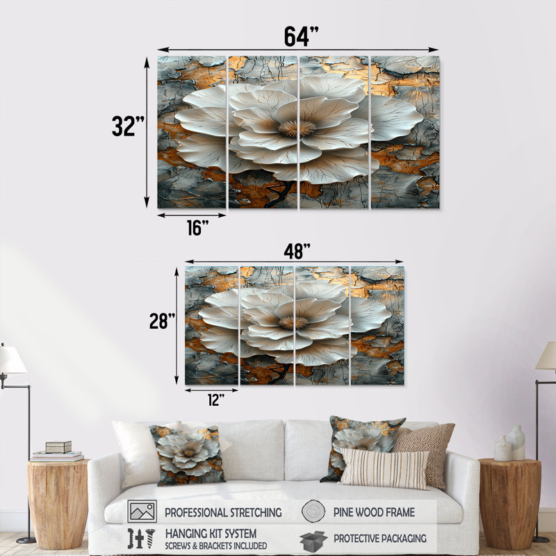 Eldredge - pivoine, art mural 4 pièces, H 32 po x l 64 po