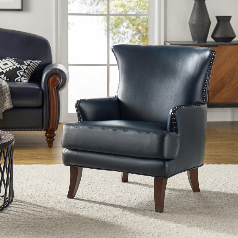 Aviles  29.2" W Vegan Leather Wingback Armchair, Navy Faux Leather