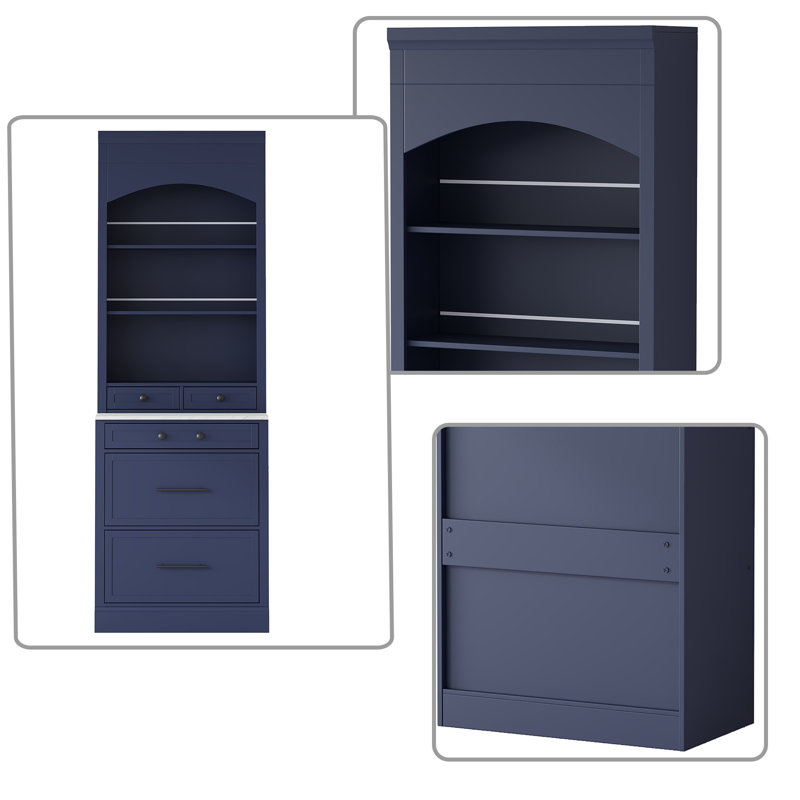 Grand garde-manger avec rangement ouvert pour la salle de bain avec tablettes ouvertes, tiroirs et comptoir en faux marbre pour la salle à manger ou la cuisine
