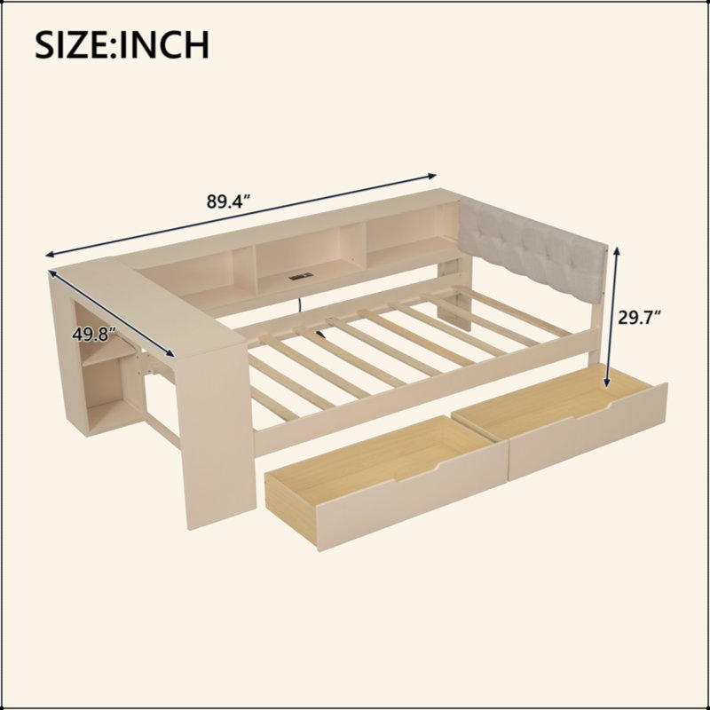 Lit plateforme en bois avec tablettes de rangement, tiroirs, station de charge et tête de lit tapissier, Lit simple, Crème