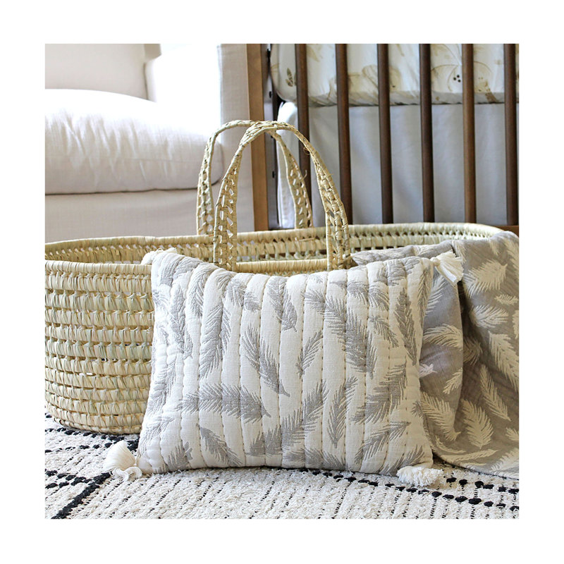 Hand-Quilted Gray Feather Cotton Nursery Pillow