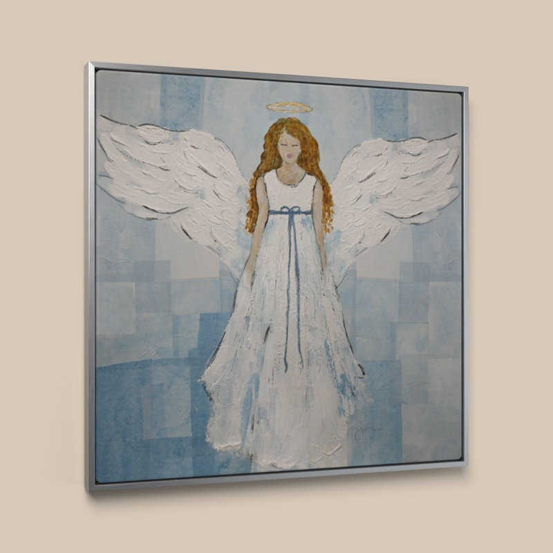 «Angel on Blue» par Tava Studios - Impression sur toile, 30 po x 30 po, Cadre plat flottant, Argent