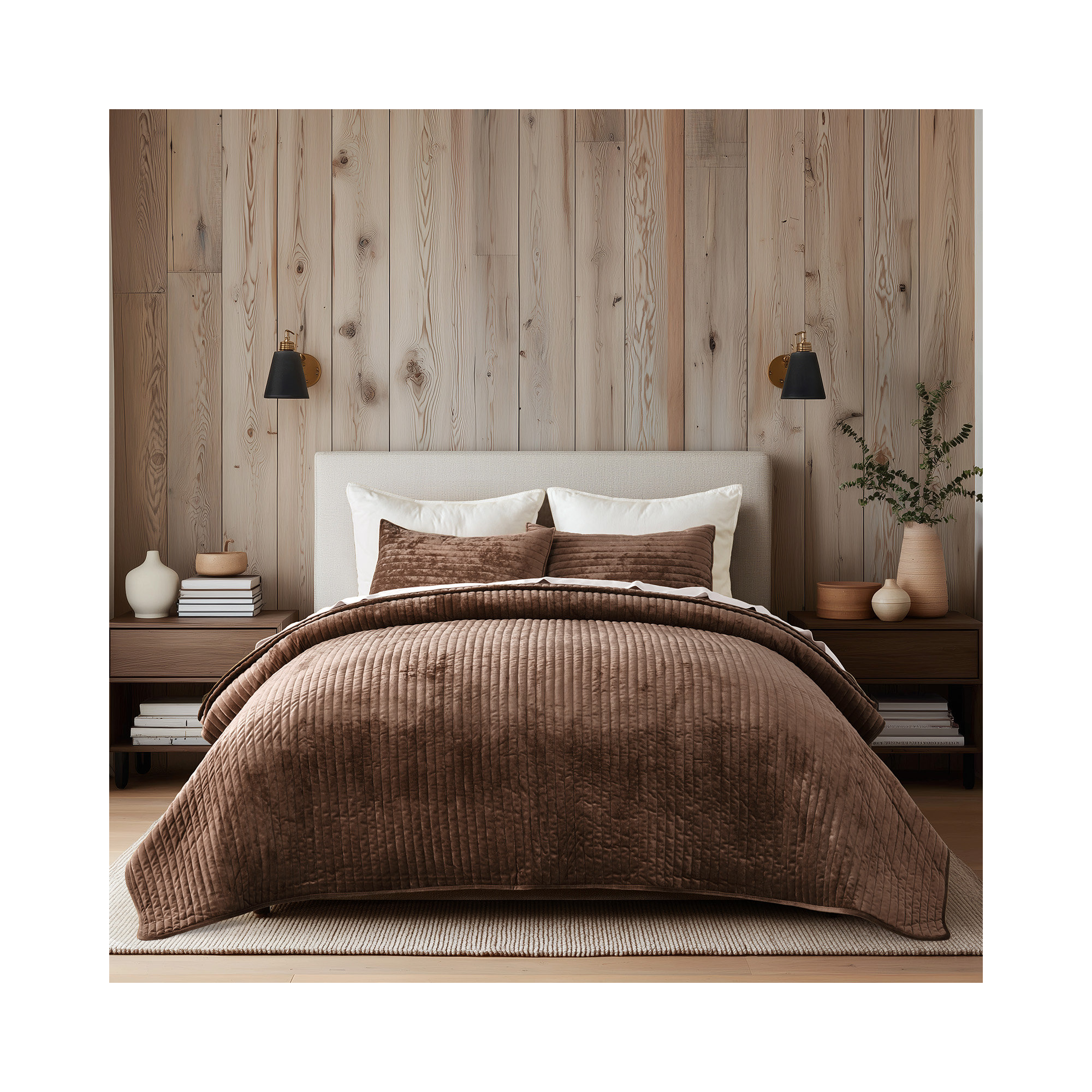 Striped Channel Velvet Quilt Set, Rust Brown, Queen