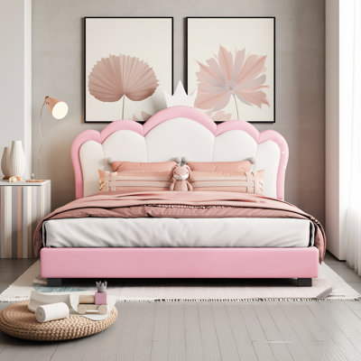 Lit double taille princesse avec tête de lit couronne - rose et crème Lit plateforme tapissier Pu