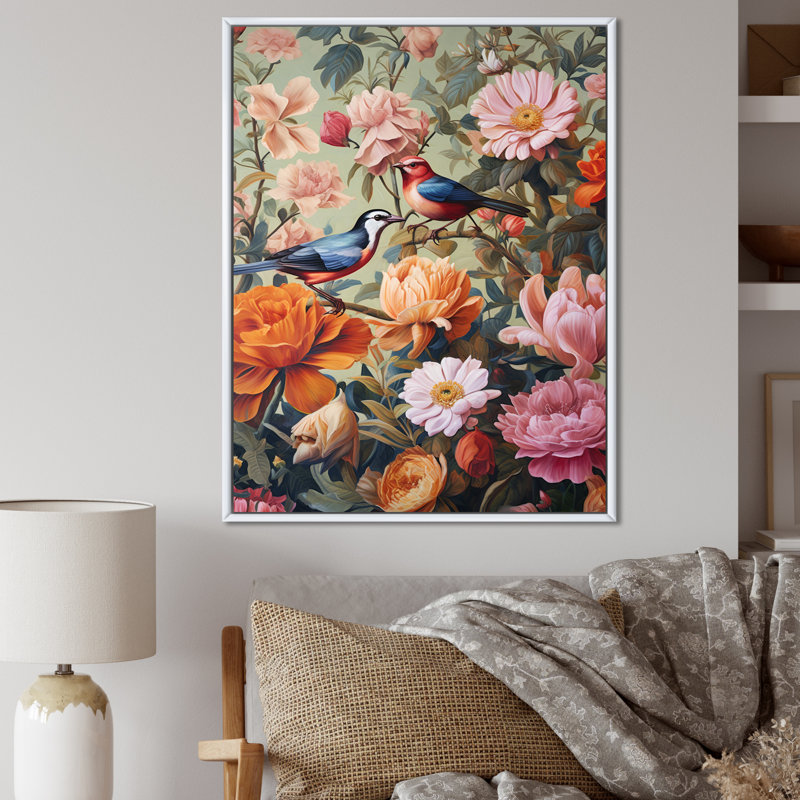 Peinture d'oiseaux tropicaux au paradis, Cadre flottant blanc, H 40 po x l 30 po x P 1,5 po