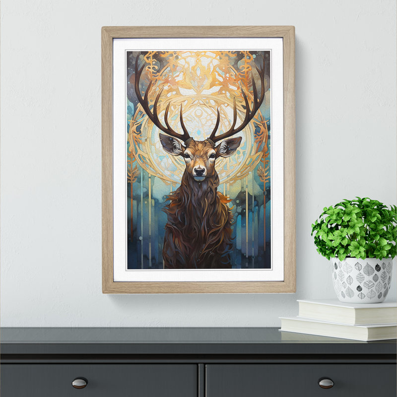 Stag Art Deco - Single Picture Frame Print on Wood, Oak, 46cm H x 34cm W x 2cm D