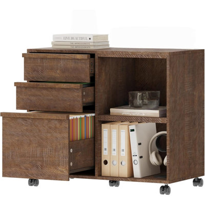 Classeur à 3 tiroirs avec tablettes de rangement ouvertes, classeur latéral à roulettes pour dossiers de format lettre / A4, support d'imprimante mobile avec roulettes, armoire de rangement en bois pour le bureau personnel