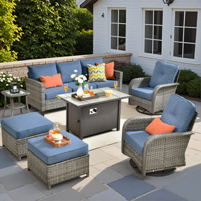 Jordanlee 7- Person Outdoor Seating Group With Rocking Swivel Chairs With Fire Pit Table