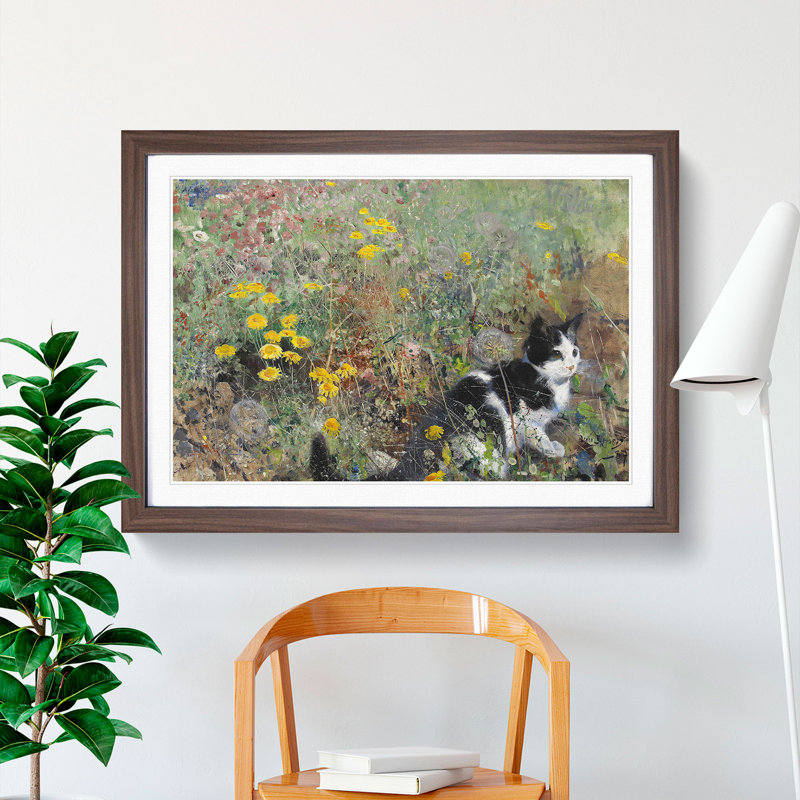 Cat on a Flowerbed by Bruno Liljefors - Picture Frame Painting, Walnut Framed, 48cm H x 65cm W x 2cm D