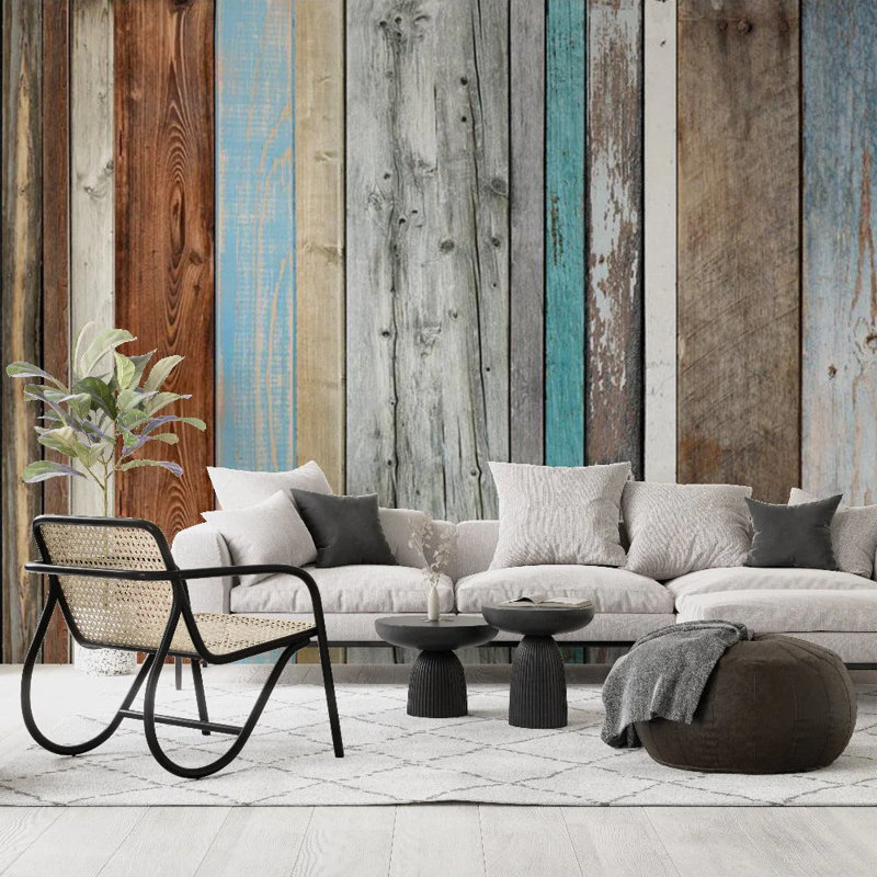 Murale mixte en bois patiné, L 110 po x l 157 po