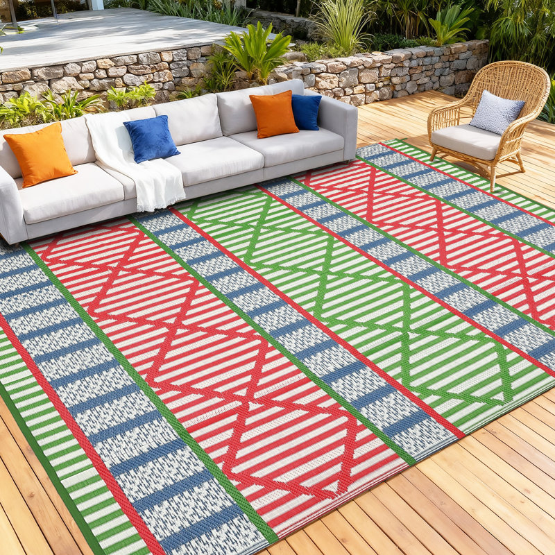 Outdoor Area Rug 8' x 10', Reversible Woven Polypropylene with Waterproof Finish, Geometric Pattern Patio Mat for Deck, Porch, Backyard or Beach