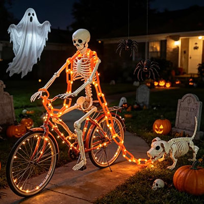Squelette de chien 3 pi avec chaîne légère, décorations d'Halloween pour l'extérieur | Squelettes d'Halloween posables, chaîne d'Halloween solaire de 4,9 pi, 8 modes imperméables pour maison hantée, cour et porche