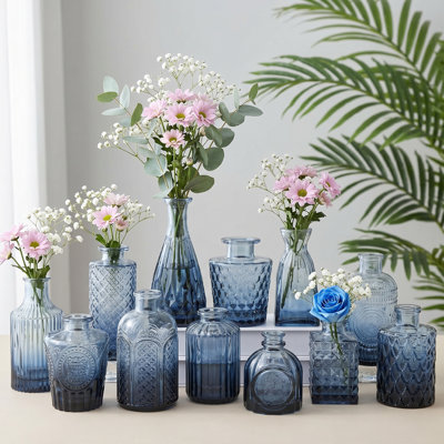 12-Pack Small Blue Glass Bud Vases, Bulk Mini Vintage Flower Vessels for Wedding and Home Table Decorations, Perfect for Centerpieces