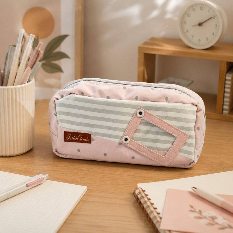 Trousse à crayons en toile douce à pois macarons, grande taille, pour étudiants, avec mines neuves., B