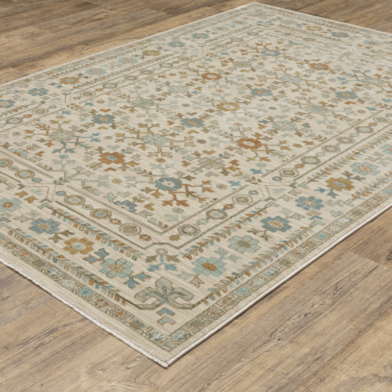 Graicyn Global Traditonal Ivory/ Teal Area Rug, Rectangle 3'3" x 5'