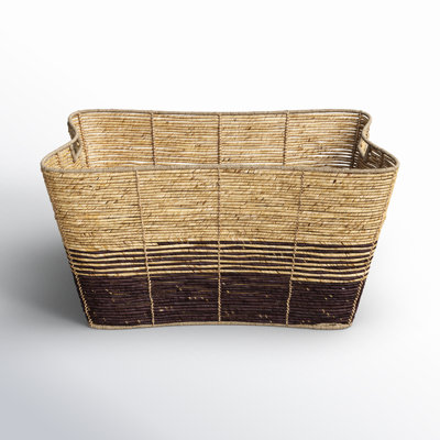 Ebony Seagrass Handmade Wide Woven Rectangular Color Block Storage Basket With Slot Handles