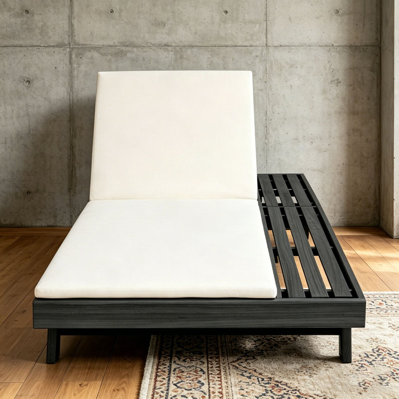 Acacia Wood Lounge Chaise With Water-Resistant Lounge Cushions, Cream & 2 Inch Thick1