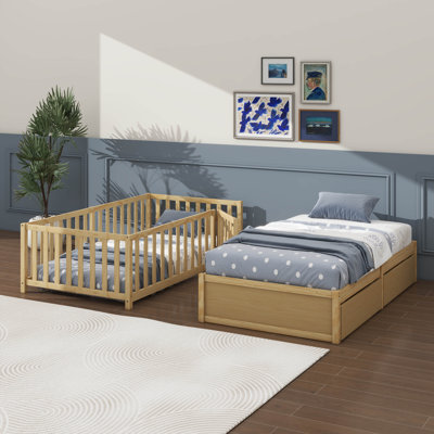 Twin Size Wooden Daybed With Fence-Style Guardrails For Safety And Two Built-In Storage Drawers