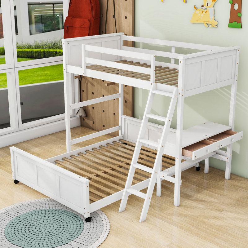 Lit superposé avec tiroirs Jakavious Kids, Simple sur double, Blanc