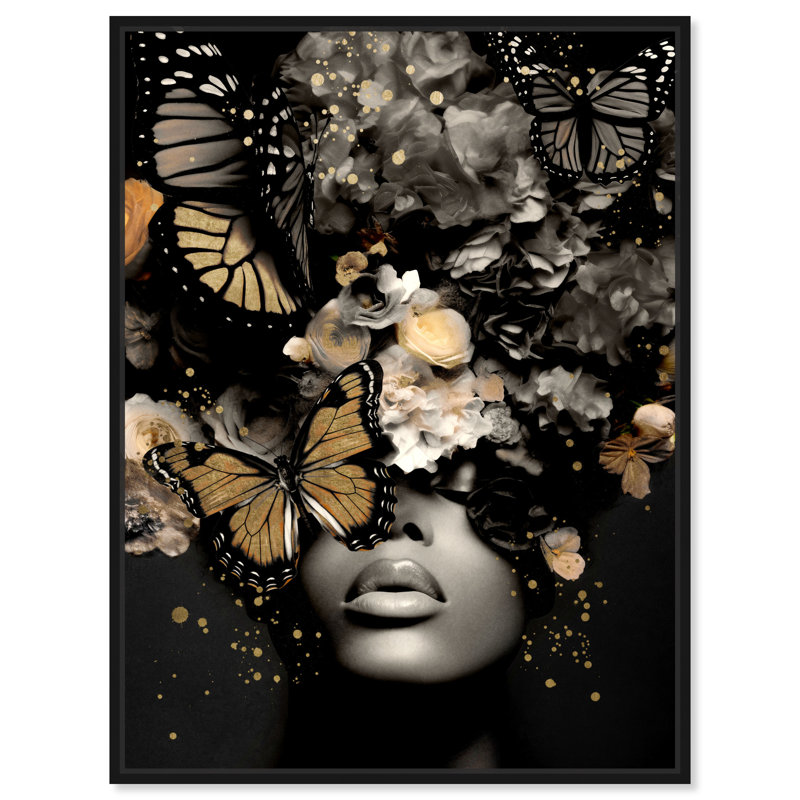 Art mural glamour «Butterfly Golden Goddess» par Art Remedy, Cadre doré, H 25 po x l 21 po