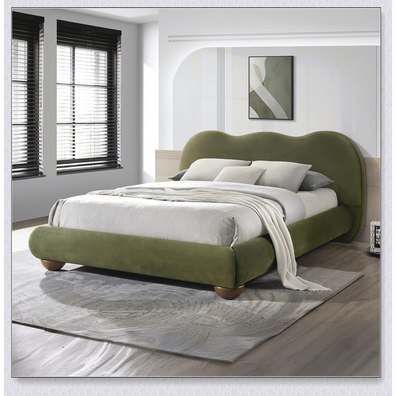 1Pc Eastern Bed Boucle Upholstered Round Bun Wood Feet Bedroom Furniture, Grand lit, Vert olive
