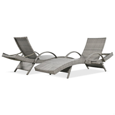 Outdoor Wicker Chaise Lounge Chairs Set Of 2, Patio Rattan Reclining Chair Pull-Out Side Table Adjustable Backrest Ergonomic Wave Design Pool Sunbathing Recliners
