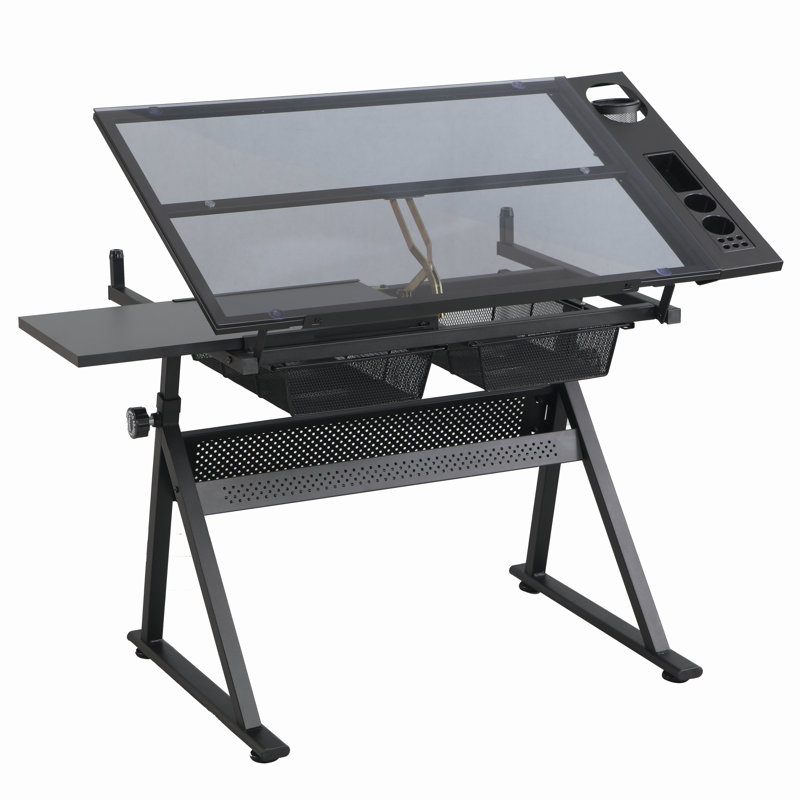 Latiffa Modern Glass Drafting Table Set With Adjustable Height And Ergonomic Chair