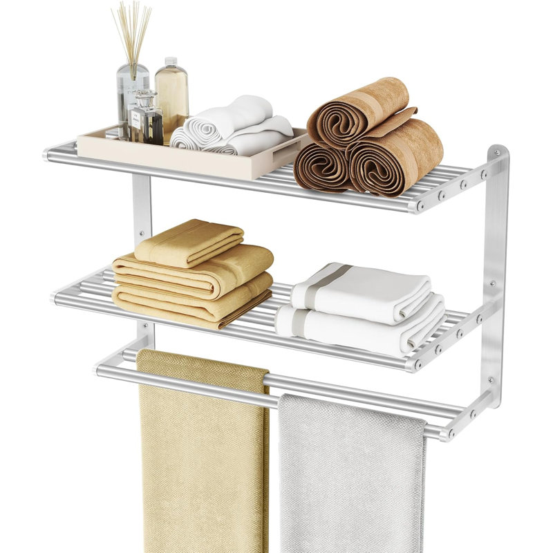 Porte-serviettes mural à 3 niveaux avec tablettes - Porte-serviettes en acier inoxydable nickel brossé pour serviettes de bain et linge de maison