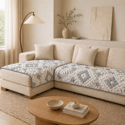 2 Piece Geometric Jacquard Sofa Cushion Cover Set, Non Slip Decorative Protector for L Shaped Couch