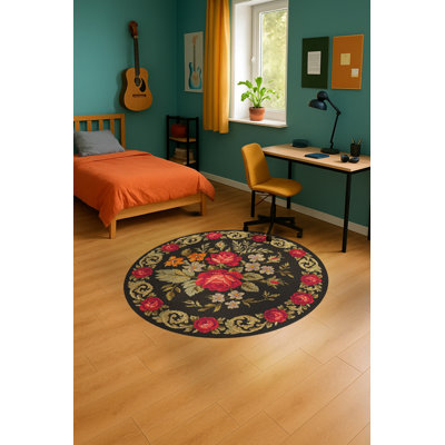 Tapis noir tissé à motif floral lavable Mosso