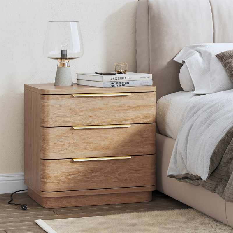 Modern Nightstand with Charging Station, 3 Drawer End Table with USB Ports & Power Outlets, Bedside Table with Gold Handles, Large Storage for Bedroom