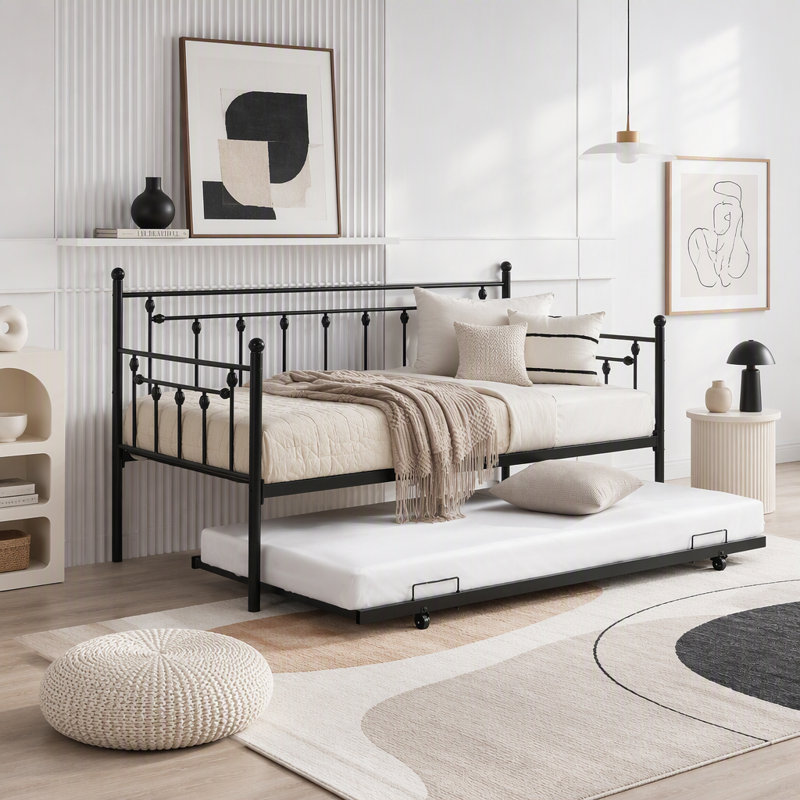 Lit de jour en métal avec lit gigogne, design moderne et peu encombrant