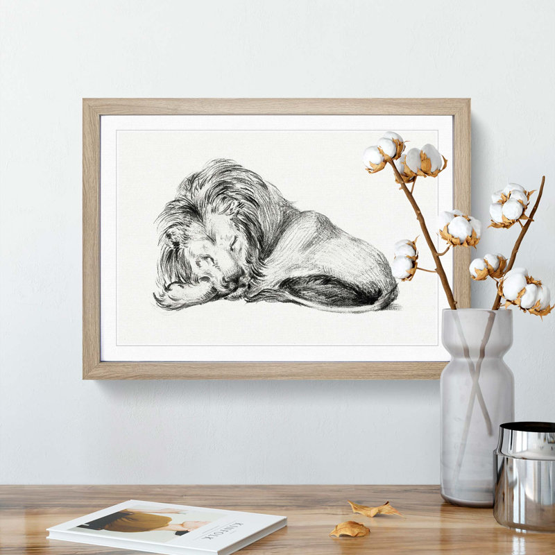 Sleeping Lion by Jean Bernard - Picture Frame Drawing Print, Oak Framed, 48cm H x 65cm W x 2cm D