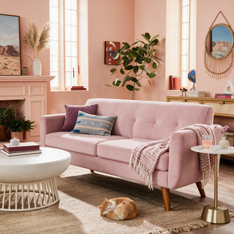 Canapé-causeuse l 65 po de style Mid-Century moderne avec causeuse pour salon, Velours rose