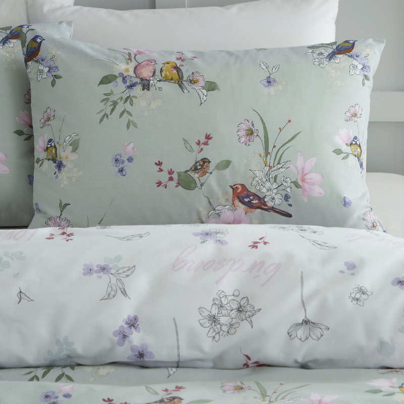 Songbird Floral Reversible Duvet Cover Set with Pillowcases, Double Duvet Cover + 2 Standard Pillowcases, Sage